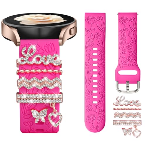 DaQin Flower Engraved Band Compatible with Samsung Galaxy Watch 7 Band/FE 6 5 4 40mm 44mm,Galaxy Active 2, 20mm Watch Band Soft Silicone Replacement Strap with Decorative Charms Accessories Women - Image 1