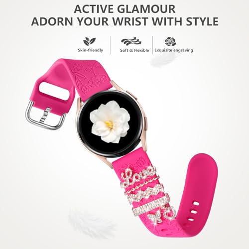 DaQin Flower Engraved Band Compatible with Samsung Galaxy Watch 7 Band/FE 6 5 4 40mm 44mm,Galaxy Active 2, 20mm Watch Band Soft Silicone Replacement Strap with Decorative Charms Accessories Women - Image 5