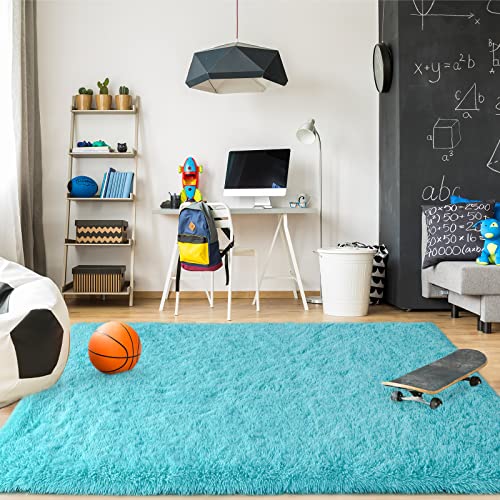 Merelax Modern Soft Fluffy Large Shaggy Rug for Bedroom Livingroom Dorm Kids Room Indoor Home Decorative, Non-Slip Plush Furry Fur Area Rugs Comfy Nursery Accent Floor Carpet 4'x6' Teal - Image 4