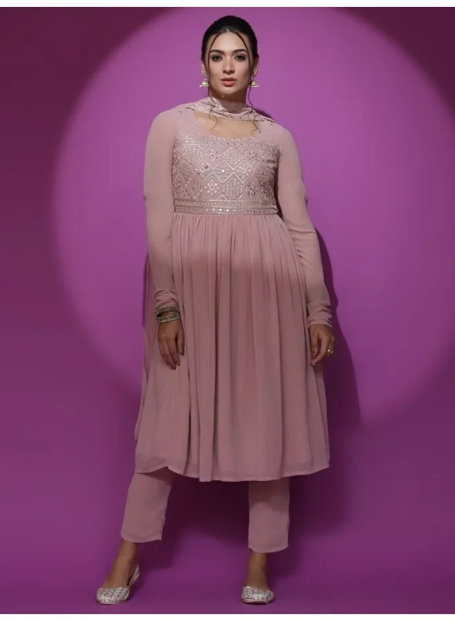 AKS Powder Pink Mirror Work Embroidered Anarkali & Pant With Dupatta