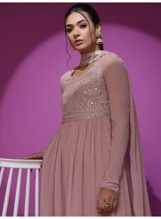 AKS Powder Pink Mirror Work Embroidered Anarkali & Pant With Dupatta