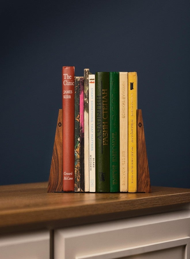 TILISMA Walnut Bookends for Shelves | Wooden Book Ends for Shelves | Sturdy Book Holders, Stoppers with Metal Base for Bookshelves | Slick Decorative Bookends Stands Firmly on Bookshelf (Pair) - Image 4