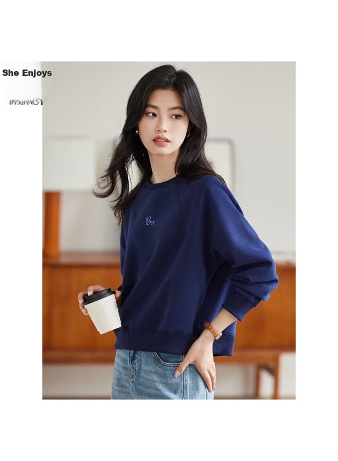 She enjoys Sheen Round Neck Sweatshirt Women Spring And Autumn Inserted Shoulder Short Sleeve Top Letter Love Embroidery Age-reducing Pullover T143w1005 - Image 1