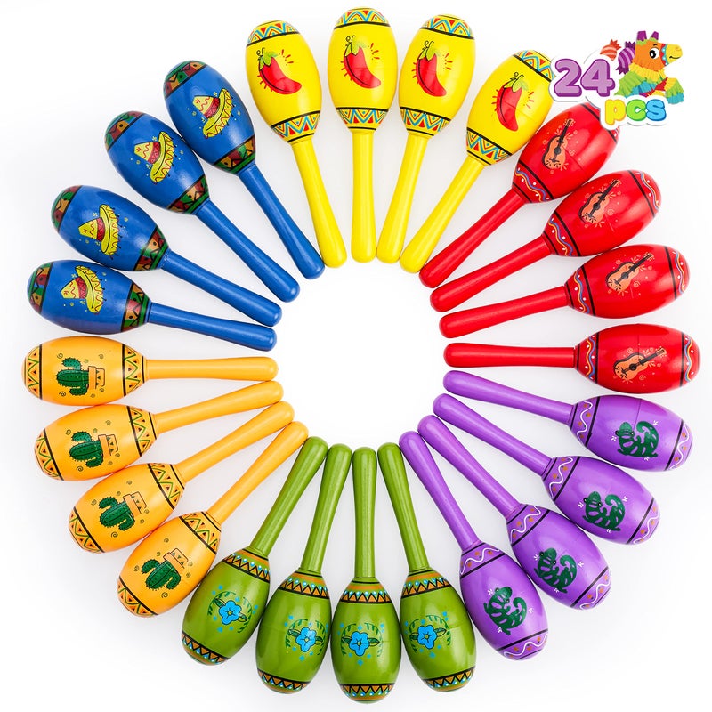 JOYIN 24 Mini Wooden Fiesta Maracas 6 Designs Noisemaker for Mexican Fiesta, Cinco De Mayo Party Favors, Musical Fun, Birthday Parties, Luau Party, Carnivals, Taco Tuesday Event - Image 1