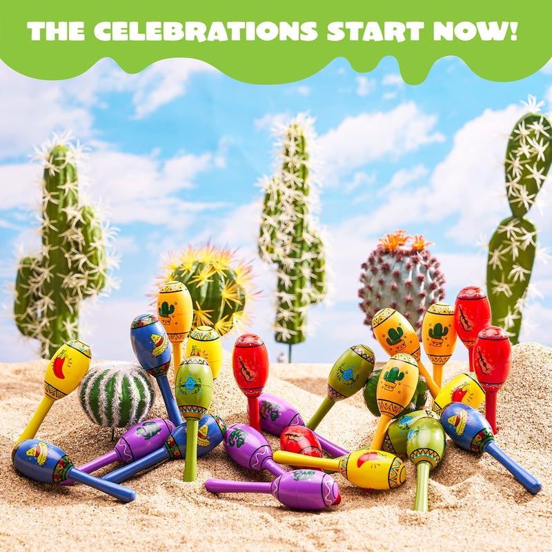 JOYIN 24 Mini Wooden Fiesta Maracas 6 Designs Noisemaker for Mexican Fiesta, Cinco De Mayo Party Favors, Musical Fun, Birthday Parties, Luau Party, Carnivals, Taco Tuesday Event - Image 5