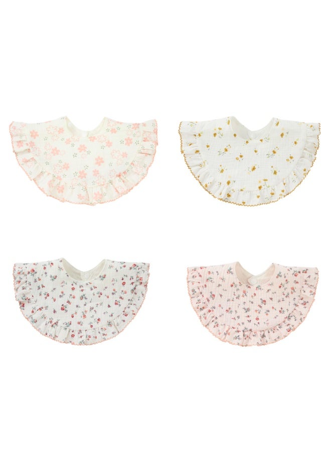 Baby Floral Ruffle Muslin Bandana Bibs, 360-Degree Rotatable Drool Bib Set for Boys & Girls, 4-Piece - Image 1