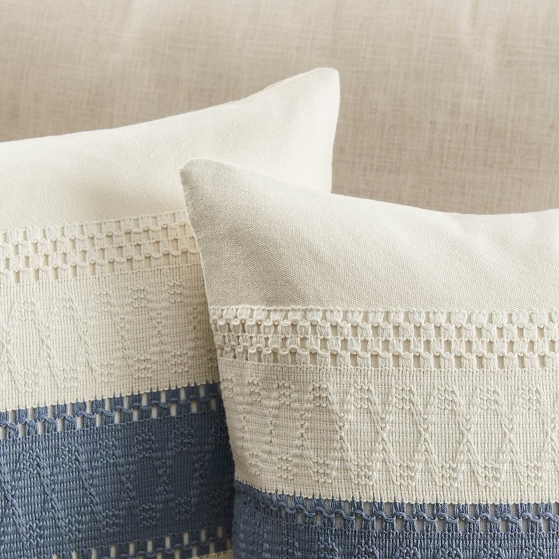 ZeeMart 2 Packs Cotton Boho Throw Pillow Covers 16x16 Inch Contrast Blue  Soft Farmhouse Decorative Couch Pillow Cases Blue Cushion Covers for Sofa Bed Living Room Home Decor - Image 2