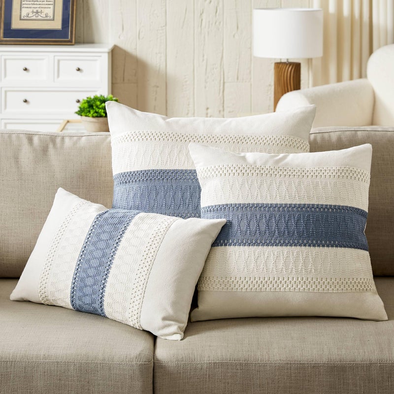 ZeeMart 2 Packs Cotton Boho Throw Pillow Covers 16x16 Inch Contrast Blue  Soft Farmhouse Decorative Couch Pillow Cases Blue Cushion Covers for Sofa Bed Living Room Home Decor - Image 5