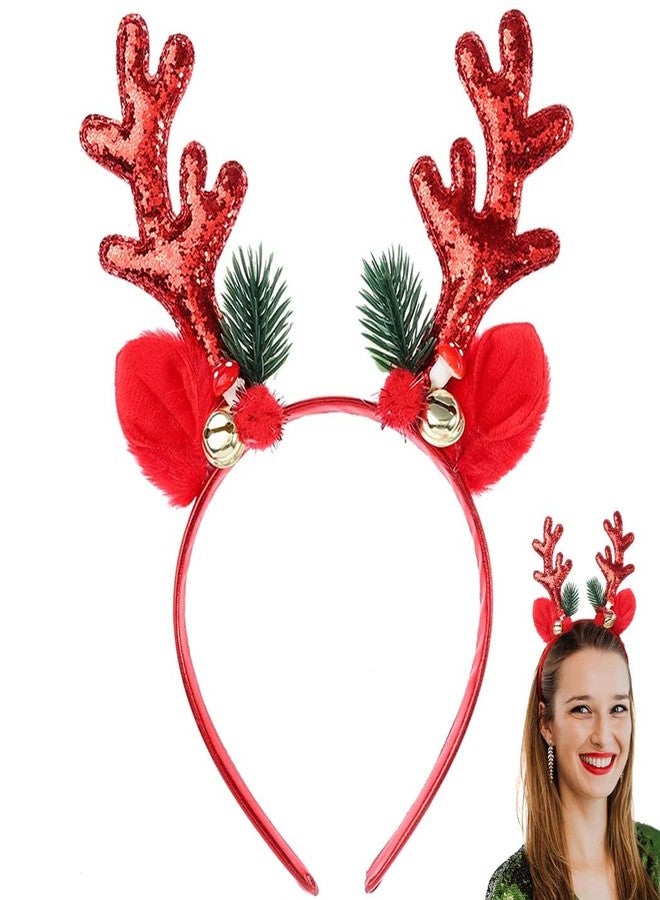 Outyua Christmas Headbands for Women Antler Headband with Sequin Glitter Elk Ears Antlers Headbands for New Year (Red) - Image 1
