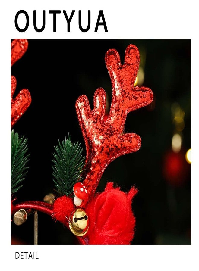Outyua Christmas Headbands for Women Antler Headband with Sequin Glitter Elk Ears Antlers Headbands for New Year (Red) - Image 5