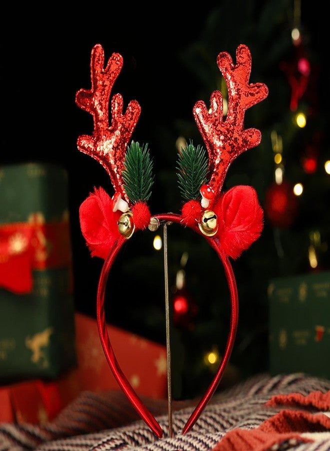 Outyua Christmas Headbands for Women Antler Headband with Sequin Glitter Elk Ears Antlers Headbands for New Year (Red) - Image 2