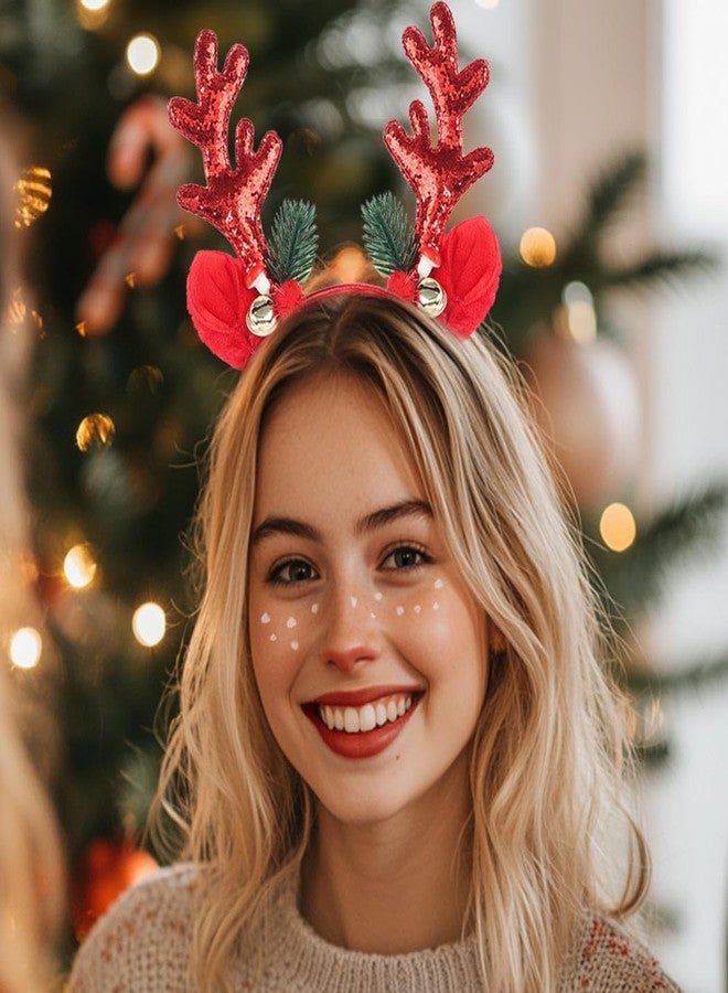 Outyua Christmas Headbands for Women Antler Headband with Sequin Glitter Elk Ears Antlers Headbands for New Year (Red) - Image 4