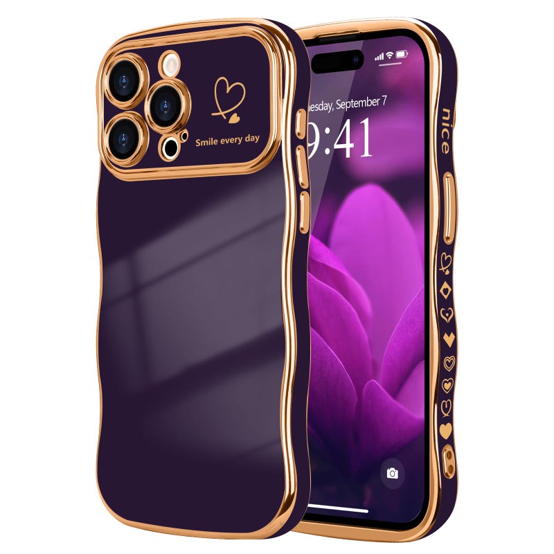LCHULLE for iPhone 14 Pro Max Case for Women Girls, Cute Wave Frame Curly Shape with Love Heart Raised Camera Protection Cover Luxury Plating Shockproof Phone Case for iPhone 14 Pro Max, Dark Purple - Image 1