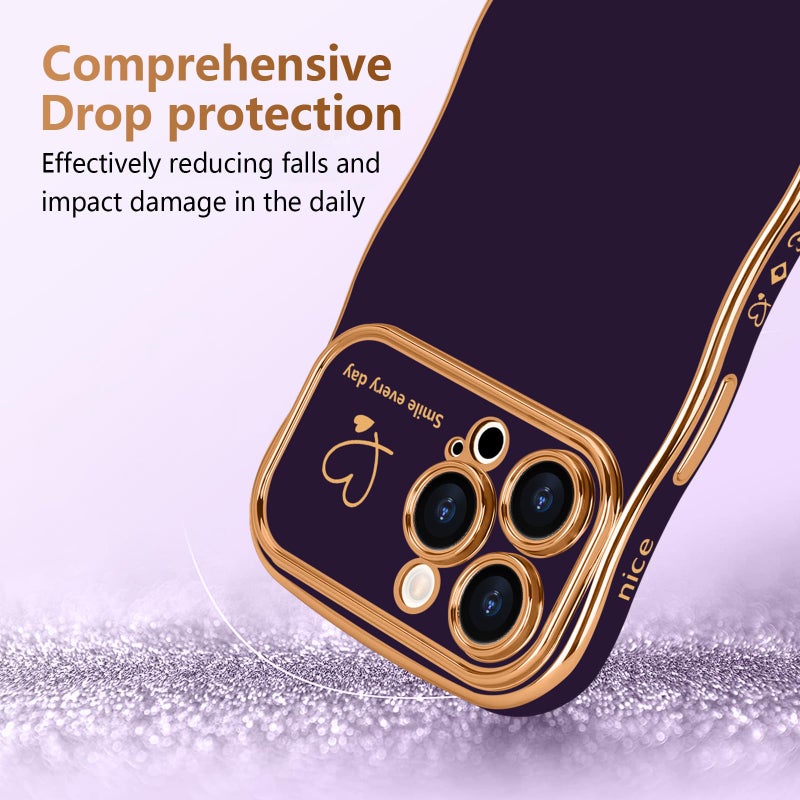 LCHULLE for iPhone 14 Pro Max Case for Women Girls, Cute Wave Frame Curly Shape with Love Heart Raised Camera Protection Cover Luxury Plating Shockproof Phone Case for iPhone 14 Pro Max, Dark Purple - Image 3