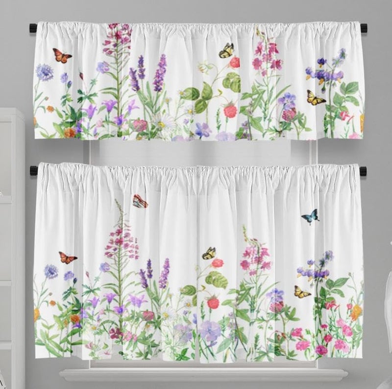 TQFZP Spring Summer Flowers Butterfly Kitchen Curtains Short and Valance Set Watercolor Wildflowers Floral Fabric Curtain Drapes Cafe Curtains Valance for Home Decor - Image 1