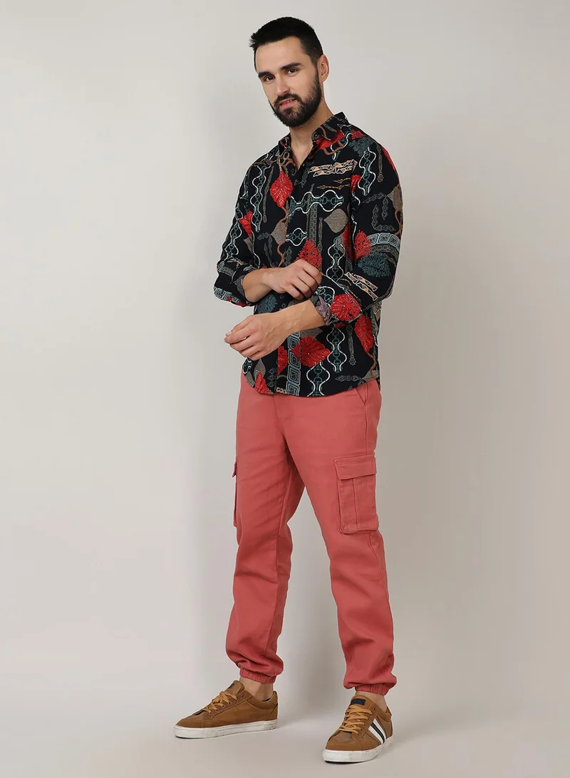 Campus Sutra Campus Sutra Men's Crimson Red & Teal Green Artistic Block Shirt For Casual Wear | Spread Collar | Long Sleeve | Button Closure | Shirt Crafted With Comfort Fit For Everyday Wear