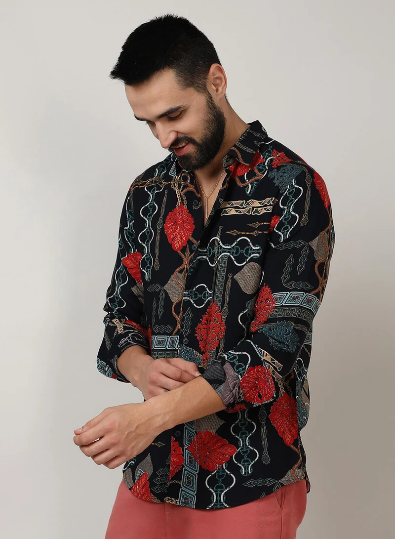 Campus Sutra Campus Sutra Men's Crimson Red & Teal Green Artistic Block Shirt For Casual Wear | Spread Collar | Long Sleeve | Button Closure | Shirt Crafted With Comfort Fit For Everyday Wear