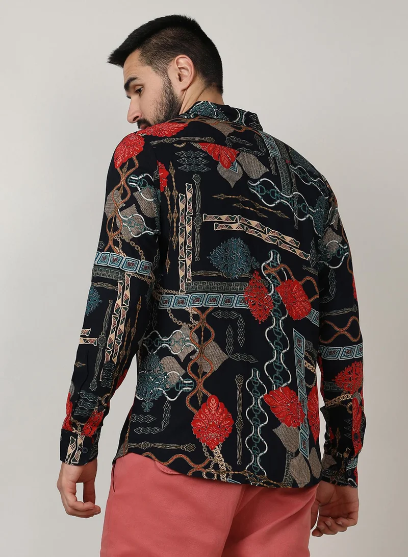 Campus Sutra Campus Sutra Men's Crimson Red & Teal Green Artistic Block Shirt For Casual Wear | Spread Collar | Long Sleeve | Button Closure | Shirt Crafted With Comfort Fit For Everyday Wear