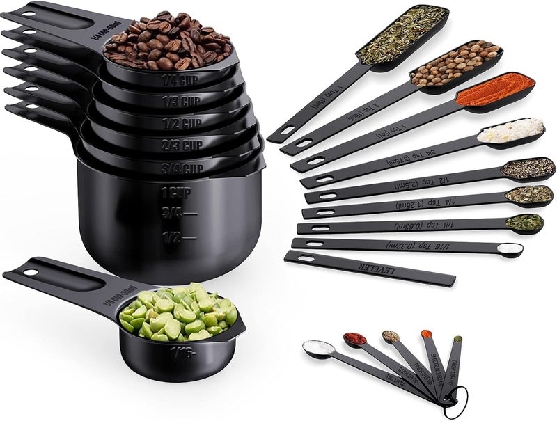 Wildone Black Measuring Cups & Spoons Set of 21 - Includes 7 Stainless Steel Nesting Measuring Cups, 8 Measuring Spoons, 1 Leveler & 5 Mini Measuring Spoons, Ideal for Dry & Liquid Ingredients - Image 1