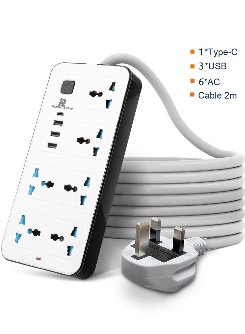 2 meters Universal Extension Cord with 6 Power Socket and 3 USB + 1 PD Slots 6 Way Power Strip with USB type C PD Charging slot Extension Lead 2 meter(6S+3U+1PD 2M)