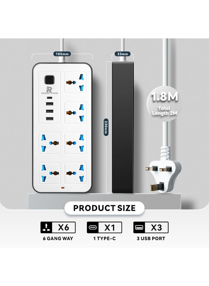 Rock Pow - 2 meters Universal Extension Cord with 6 Power Socket and 3 USB + 1 PD Slots 6 Way Power Strip with USB type C PD Charging slot Extension Lead 2 meter(6S+3U+1PD 2M) - Image 1