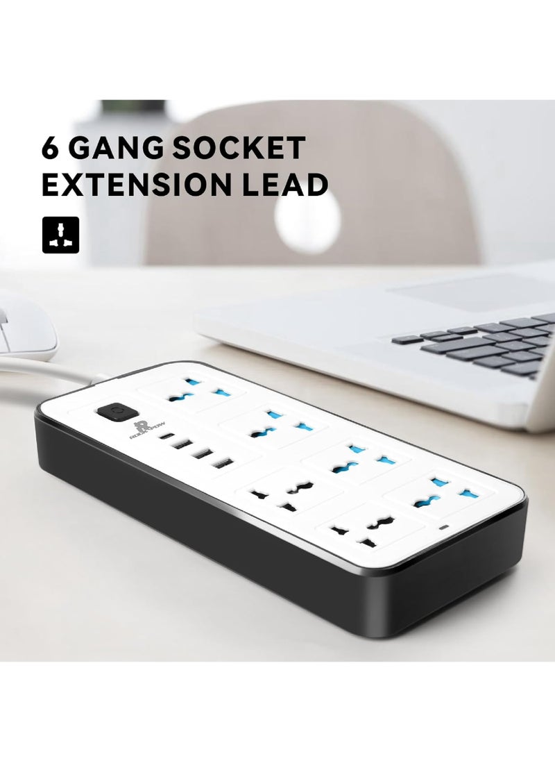 Rock Pow - 2 meters Universal Extension Cord with 6 Power Socket and 3 USB + 1 PD Slots 6 Way Power Strip with USB type C PD Charging slot Extension Lead 2 meter(6S+3U+1PD 2M) - Image 1