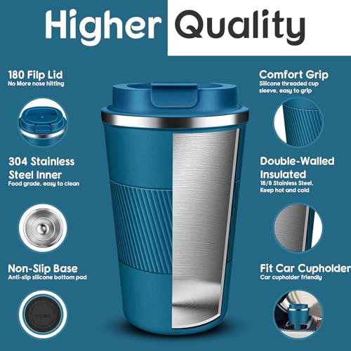 Lyrovo Insulated Travel Coffee Mug Spill Proof Leak Proof Pobtable to Go Camping Stainless Steel Coffee Tumbler Reusable Coffee Cups with Lids Thermos for Hot and Cold Drink (2nd-Navy Blue, 380ml) - Image 2