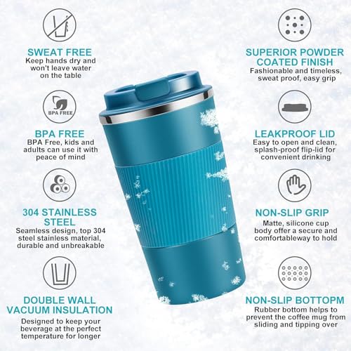 Lyrovo Insulated Travel Coffee Mug Spill Proof Leak Proof Pobtable to Go Camping Stainless Steel Coffee Tumbler Reusable Coffee Cups with Lids Thermos for Hot and Cold Drink (2nd-Navy Blue, 380ml) - Image 4