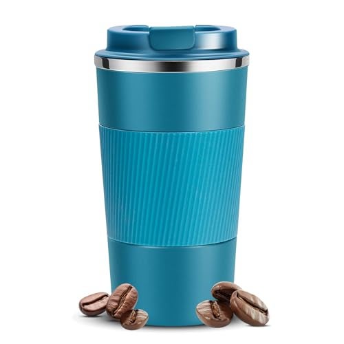 Lyrovo Insulated Travel Coffee Mug Spill Proof Leak Proof Pobtable to Go Camping Stainless Steel Coffee Tumbler Reusable Coffee Cups with Lids Thermos for Hot and Cold Drink (2nd-Navy Blue, 380ml) - Image 1