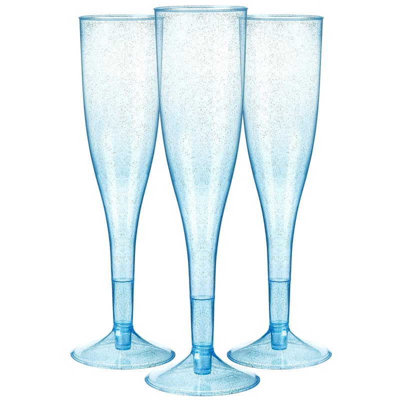 Homy Feel Blue Glitter Plastic Blue Wine Glasses 30 Pack Champagne Flutes Disposable for Valentines DayPlastic Champagne FlutesMimosa Bar Glasses