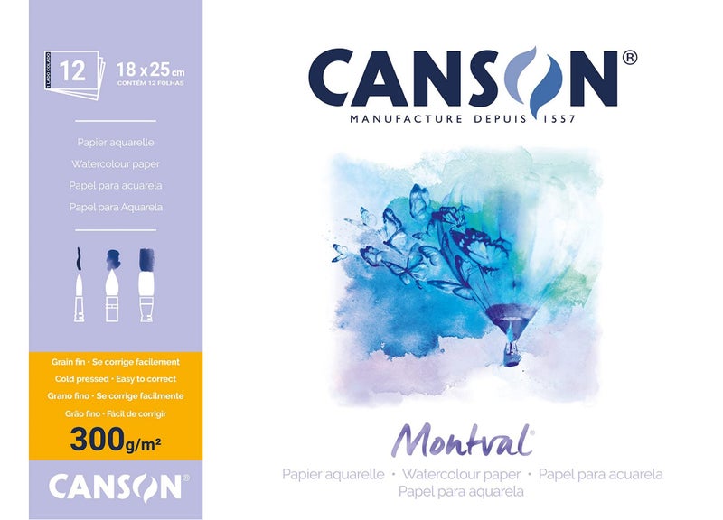 Canson® Montval® Watercolour Paper Pad, 18 x 25cm, 300gsm, Cold Pressed, Natural White, 12 Sheets