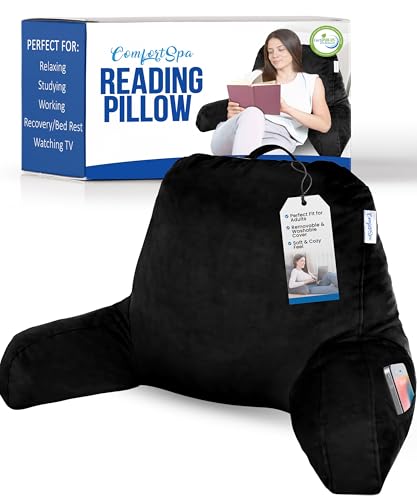ComfortSpa Reading Pillow for Bed Adult Size, Back Rest Pillow with Arms, Pockets and Washable Cover; Use as Bed Pillows for Sitting Up in Bed for Bedrest or Relief from GERD Heartburn (Large Black) - Image 1
