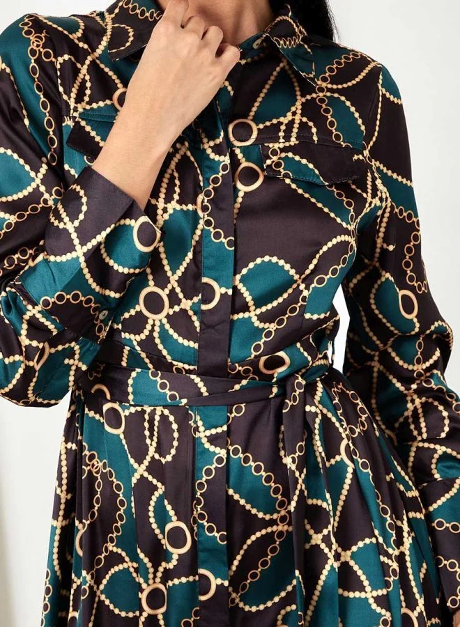 Styli Chain Print Shirt Maxi Dress with Self Tie Waist