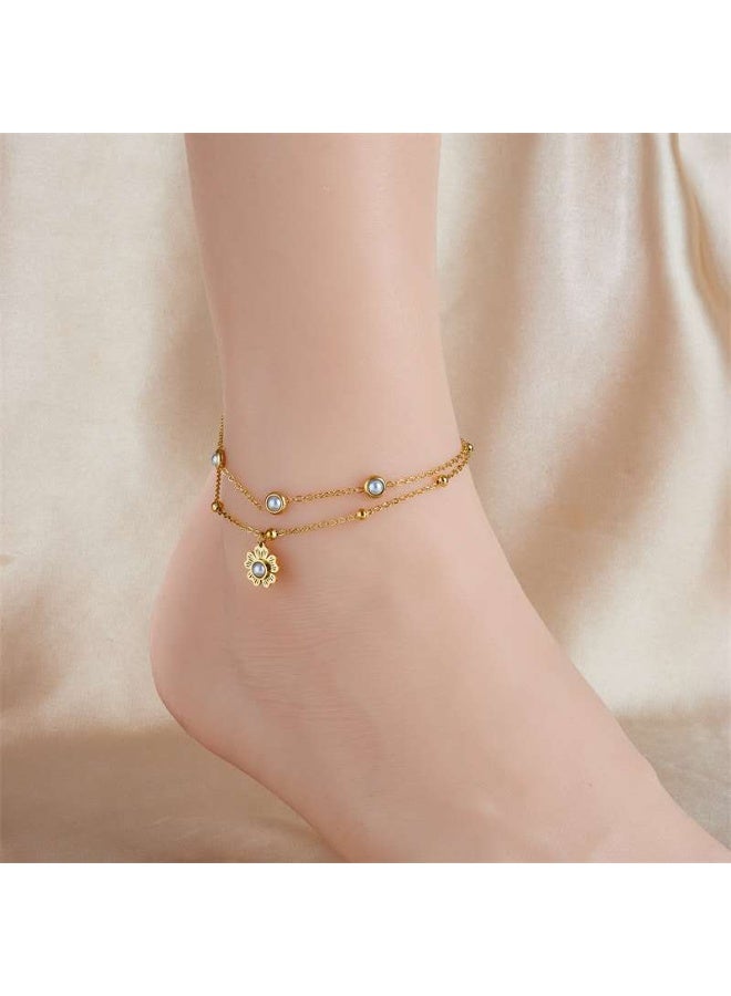 خلخال بطبقتين من قلادة زهرة اللؤلؤ المرصعة بطبقة مزدوجة عصرية ومتعددة الاستخدامات الأوروبية والأمريكية - Image 1