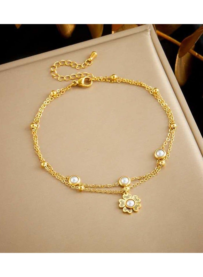 خلخال بطبقتين من قلادة زهرة اللؤلؤ المرصعة بطبقة مزدوجة عصرية ومتعددة الاستخدامات الأوروبية والأمريكية - Image 2