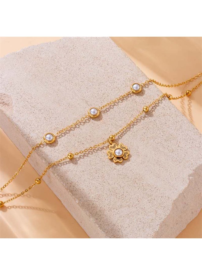 خلخال بطبقتين من قلادة زهرة اللؤلؤ المرصعة بطبقة مزدوجة عصرية ومتعددة الاستخدامات الأوروبية والأمريكية - Image 3