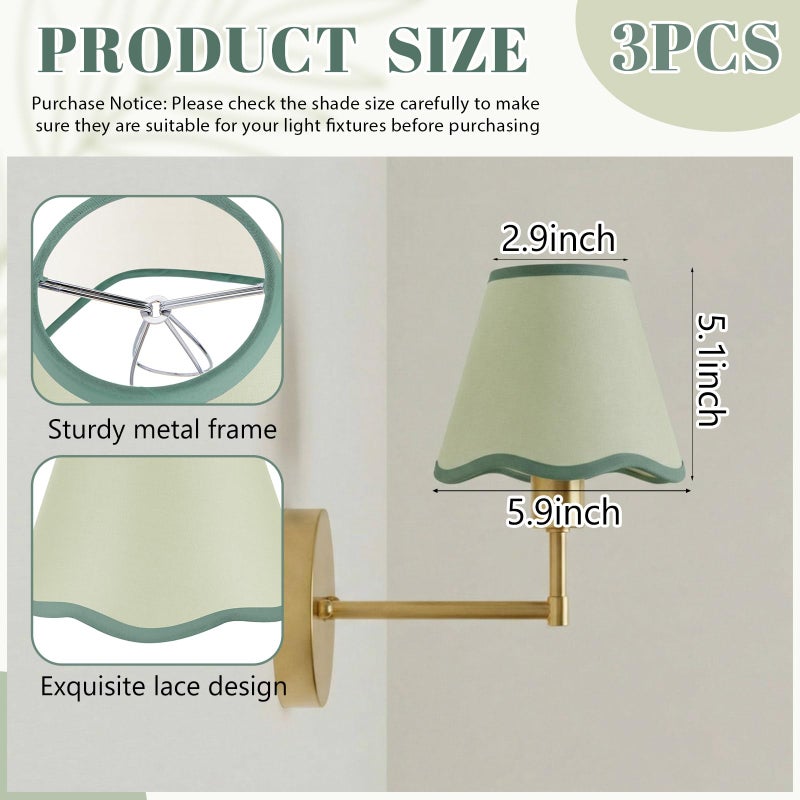 VIHOSE 6 Pack Chandelier Lamp Shades Mini Scalloped Bell Shade With Petal Edges 2.9" Top x 5.9" Bottom x 5.1"High Fabric Lampshade Clip On Bulb For Table Wall Living Room Bedroom Easy Assembly (Green) - Image 2
