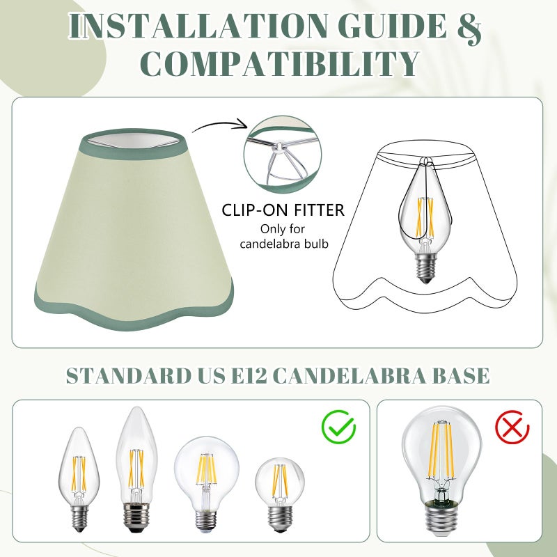 VIHOSE 6 Pack Chandelier Lamp Shades Mini Scalloped Bell Shade With Petal Edges 2.9" Top x 5.9" Bottom x 5.1"High Fabric Lampshade Clip On Bulb For Table Wall Living Room Bedroom Easy Assembly (Green) - Image 3