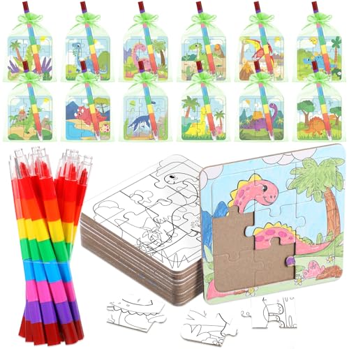 Fullhawl 12 Sets Dinosaur Puzzles for Dinosaur Theme Color Your Own Puzzles DIY Dino Jigsaw Crafts with 12 Stackable Crayons and 12 Bags for Tropical Jungle Gifts Birthday Party Supplies Favors - Image 1