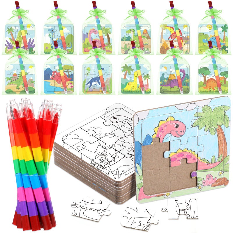Fullhawl 12 Sets Dinosaur Puzzles for Dinosaur Theme Color Your Own Puzzles DIY Dino Jigsaw Crafts with 12 Stackable Crayons and 12 Bags for Tropical Jungle Gifts Birthday Party Supplies Favors - Image 3
