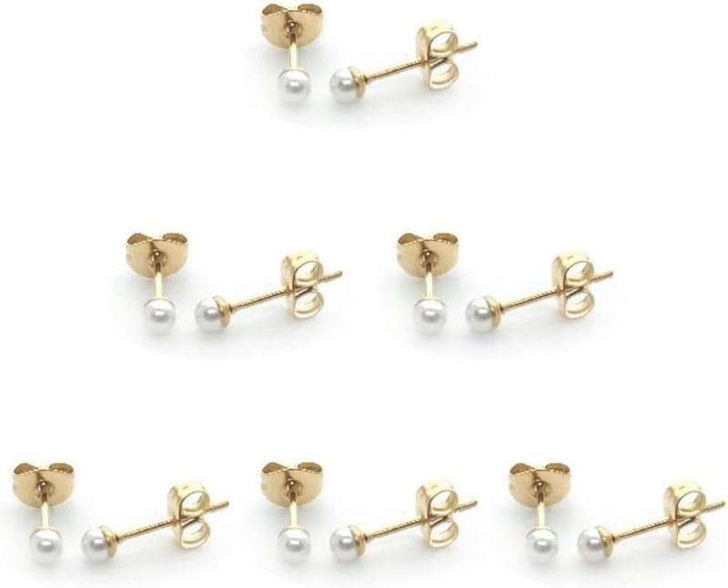 showself 14K Gold Filled Polished Small CZ Pearl Ball Stud Earrings Set for Women Men 20G Surgical Steel Hypoallergenic Piercing Studs for Sensitive Ear, Pack of 6 Pairs - Image 1