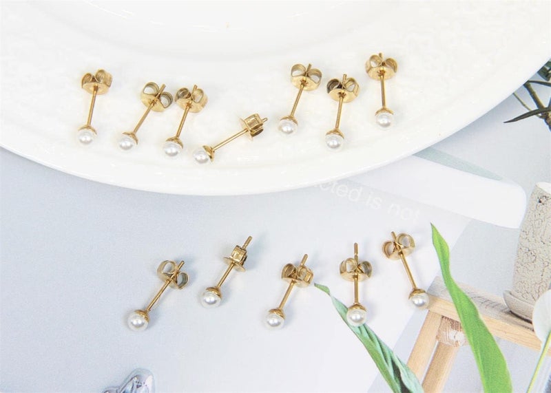showself 14K Gold Filled Polished Small CZ Pearl Ball Stud Earrings Set for Women Men 20G Surgical Steel Hypoallergenic Piercing Studs for Sensitive Ear, Pack of 6 Pairs - Image 3
