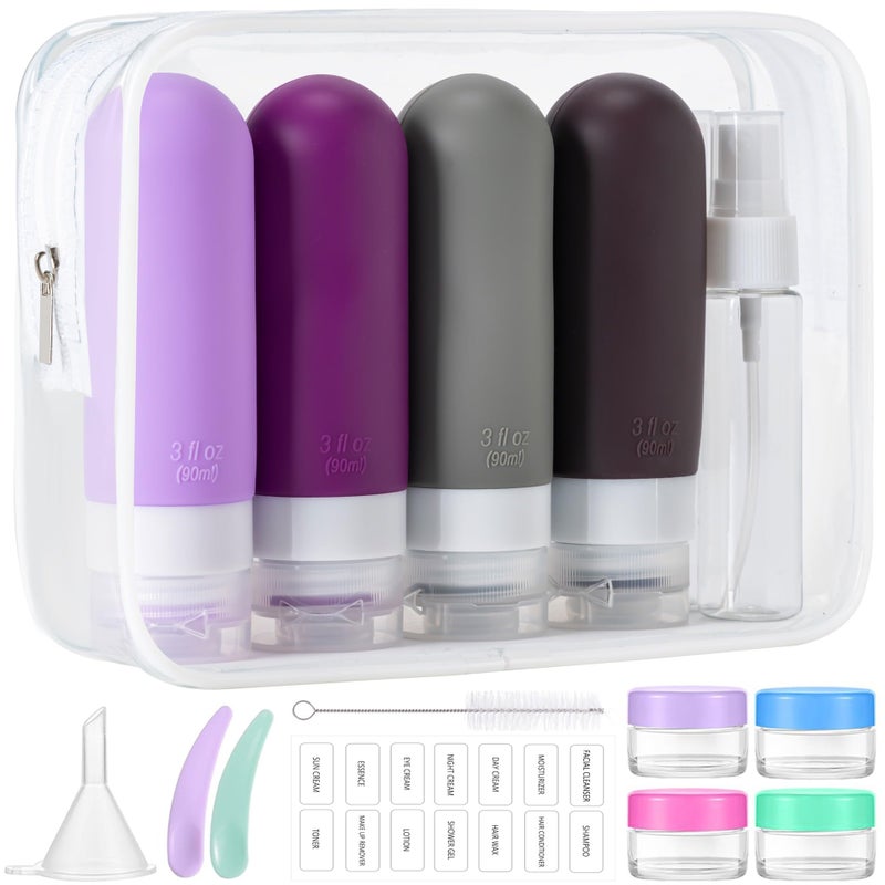 MODENGKONGJIAN 16pack Travel Bottles for Toiletries, TSA Approved LeakProof Squeezable Silicone Toiletry Containers for Shampoo, Conditioner, 3oz Portable Refillable Traveling Size Liquid Containers (16Pcs/Purpleï¼‰ - Image 1