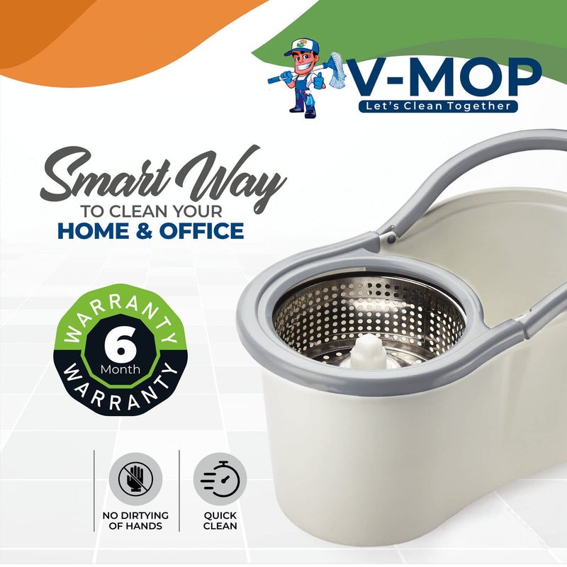 V-MOP VMop Premium Classic White Magic Dry Bucket Mop 360 Degree Self Spin Wringing with 2 Super Absorbers for Home Office Floor Mop Set3 6 Months Warranty on Rod Set - Image 2