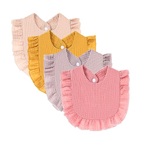 Nishine 4 PACK Solid Muslin Baby Drool Bibs Set for Unisex Boys Girls Cotton Adjustable Teething Feeding Drooling Bibs Pink Set - Image 1