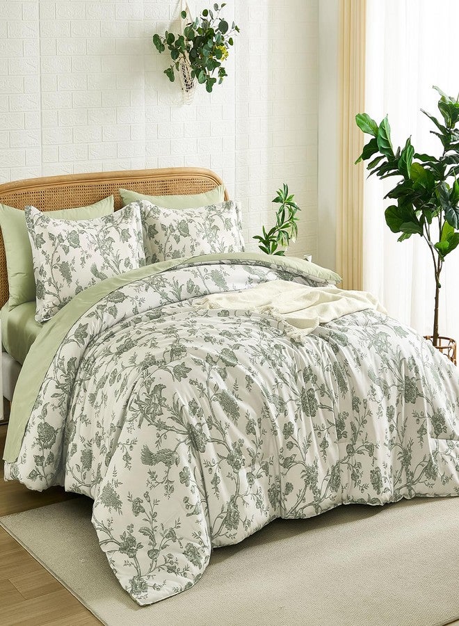 Luxudecor طقم لحاف فاخر من لوكسوديكور، مقاس كينج، 7 قطع، لون أخضر فاتح، مزين بزهرة وطائر، طقم مفروشات، لحاف ناعم قابل للعكس مع طقم ملاءات، مقاس 104 بوصة × 90 بوصة. - Image 2