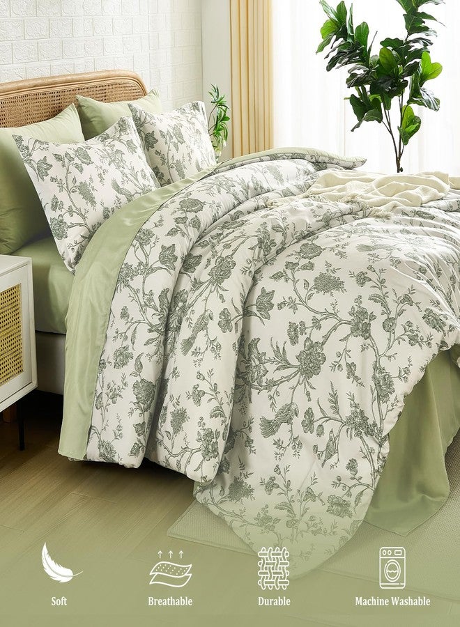 Luxudecor طقم لحاف فاخر من لوكسوديكور، مقاس كينج، 7 قطع، لون أخضر فاتح، مزين بزهرة وطائر، طقم مفروشات، لحاف ناعم قابل للعكس مع طقم ملاءات، مقاس 104 بوصة × 90 بوصة. - Image 4