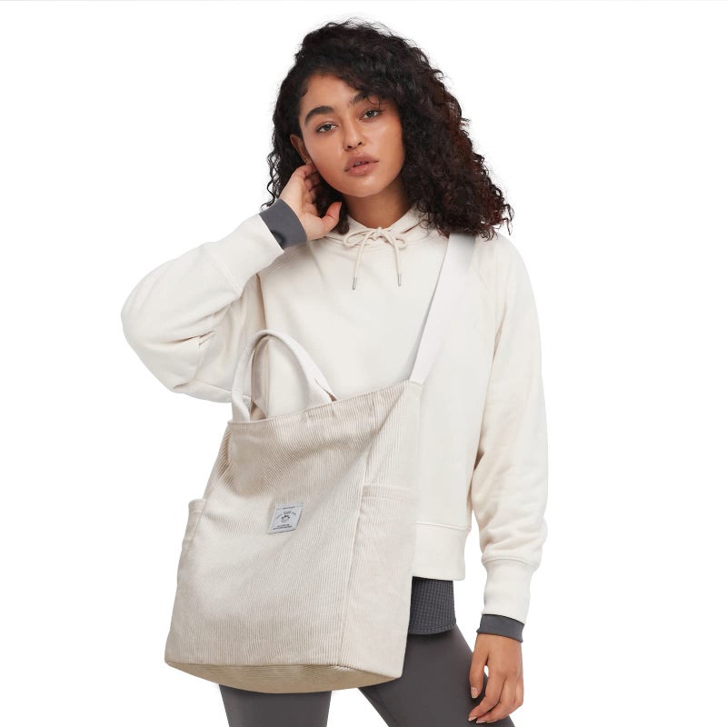 KALIDI Corduroy Tote Bag, Large Messenger Bag Shoulder Hobo Anti Splash Crossbody Zipper Bag Casual Work Shopping Women Beige - Image 2