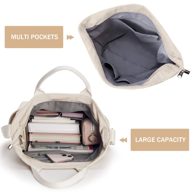 KALIDI Corduroy Tote Bag, Large Messenger Bag Shoulder Hobo Anti Splash Crossbody Zipper Bag Casual Work Shopping Women Beige - Image 4