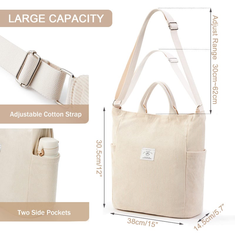 KALIDI Corduroy Tote Bag, Large Messenger Bag Shoulder Hobo Anti Splash Crossbody Zipper Bag Casual Work Shopping Women Beige - Image 5